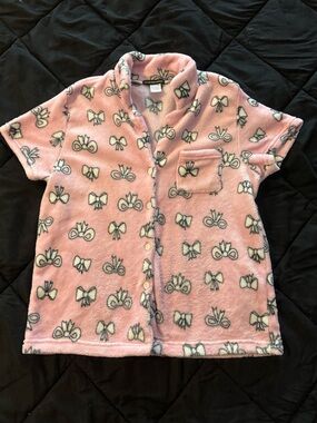 {NOT A MORNING PERSON} Pink Pajama Bow Pattern Fleece Button Down Top